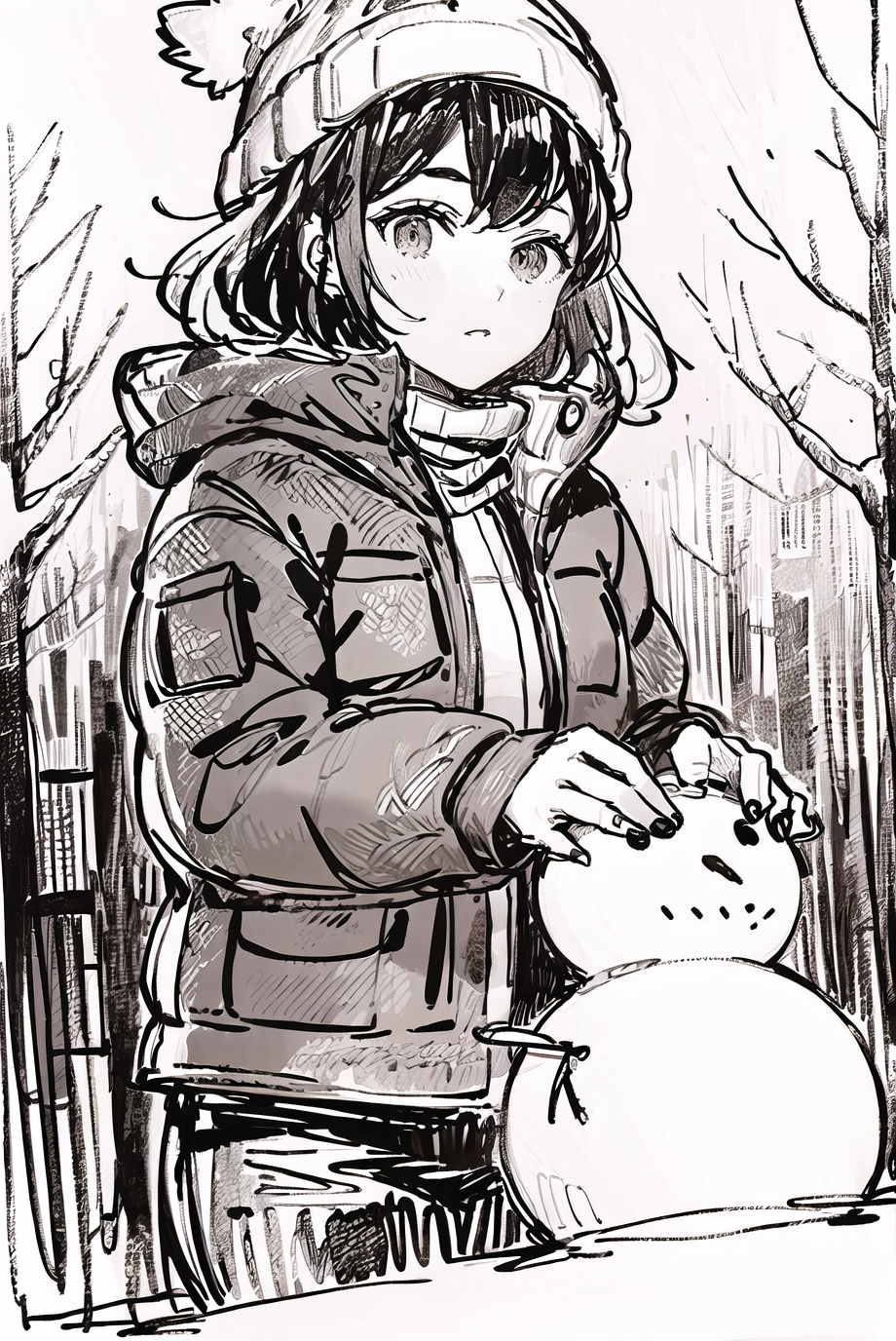 10836-1335720433-1girl, sketch, traditional media, graphite, greyscale, knit hat, (down jacket_1.2), short hair, cabin, snow, snowing, snowflakes.png